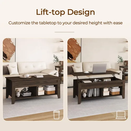 Miniatura 4 de Yaheetech Mesa de Centro con Tapa Elevable con Compartimento de Almacenamiento Oculto y 2 Estantes Abiertos, Tablero Elevable Mesa Central Emergente