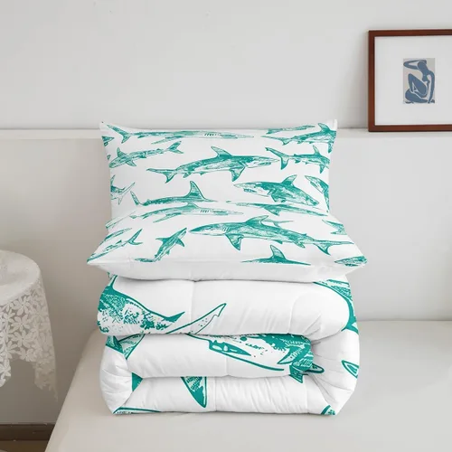 Miniatura 5 de Erosebridal Juego de edredón de tiburón, tamaño individual, juego de ropa de cama de vida oceánica para niños y niñas, color verde azulado