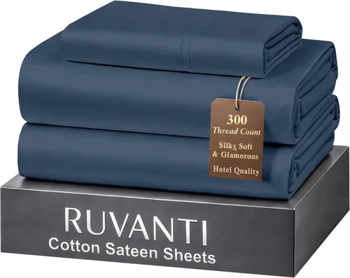 Miniatura 40 de RUVANTI Juego de sábanas de 100 % algodón tamaño matrimonial, tejido de satén suave y sedoso de 300 hilos, refrescante, ligero y transpirable, Beige