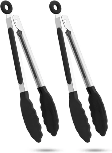 Juego de 2 pinzas de cocina de 9 pulgadas (pequeñas) y 12 pulgadas (grande): pinzas de cocina antiadherentes de silicona y acero inoxidable, sin