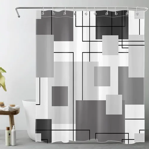 Miniatura 35 de LB Cortina de ducha geométrica a rayas grises y blancas, cortinas de ducha abstractas de mediados de siglo verde salvia para baño, 72 x 72 pulgadas