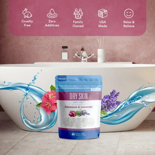 Miniatura 3 de Sal de baño para piel seca, 32 onzas, sal de Epsom con aceites esenciales de geranio natural, lavanda, ylang ylang y limón, además de vitamina C