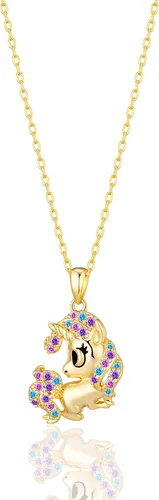 Loved Creations Collar de unicornios para niñas, colorido chapado en oro con inicial de circonita cúbica, regalo de cumpleaños de Navidad para