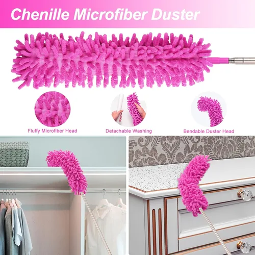 Miniatura 4 de Plumeros de microfibra para limpieza, plumeros con poste de extensión, plumeros flexibles y lavables para ventiladores de techo alto, persianas