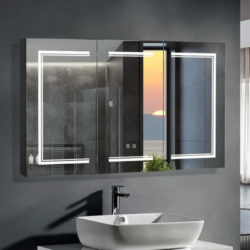 Miniatura 8 de Karl home Botiquín de baño de 32 x 28 pulgadas con 2 puertas con espejo LED, gabinete de baño regulable de 3 colores montado en la pared con Blanco
