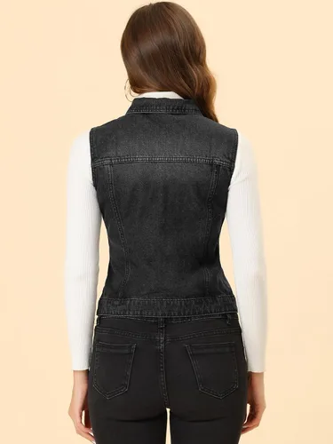 Miniatura 4 de Allegra K Chaleco de mezclilla lavado con botones para mujer, con bolsillos con solapa en el pecho