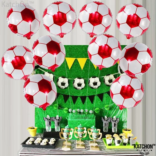 Miniatura 3 de Paquete de 20 globos metálicos de fútbol de 18 pulgadas, suministros de fiesta de cumpleaños de fútbol, globos redondos de papel de aluminio de bola