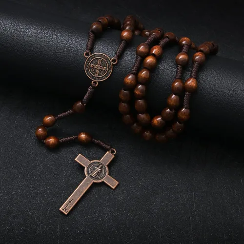 Miniatura 2 de KOMI Rosarios católicos de madera hechos a mano, collar de cuentas de rosario de madera de Belén, medalla de suelo santo y cruz de metal para regalo
