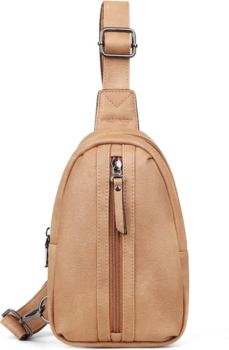 Miniatura 7 de MASINTOR Bolso bandolera pequeño para mujeres y hombres, cangurera cruzada de cuero vegano con múltiples compartimentos para uso diario, Camel