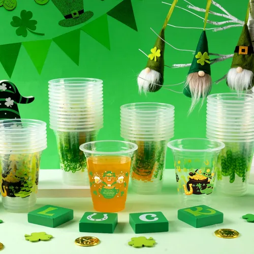 Miniatura 5 de Vasos desechables para el día de San Patricio, 50 vasos de plástico transparente desechables de trébol verde de 12 onzas con múltiples estilos