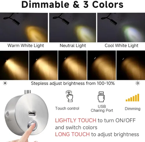 Miniatura 2 de Luz de lectura regulable montada en la pared con puerto de carga USB, luz de lectura LED enchufable, lámparas de pared con cuello de cisne flexible