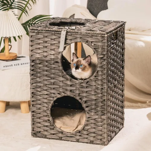 Miniatura 10 de Mewoo Ratten Cat House Condominio con ratán interactivo de bola colgante * 4 juguetes y cojín de algodón, cama cerrada de mimbre para gatos