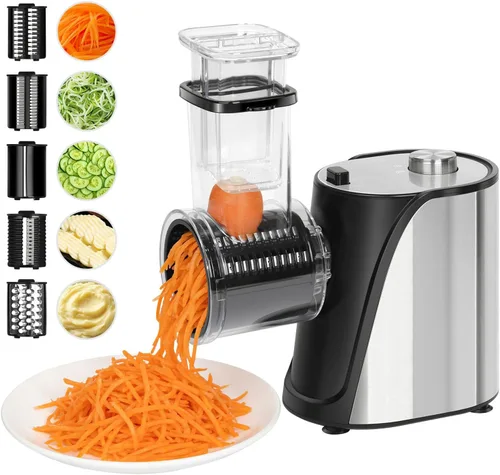Picador eléctrico 5 en 1 de verduras, rallador de queso de 250 W con 5 cuchillas diferentes, cortador de procesador de alimentos de cocina para