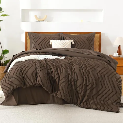 Miniatura 25 de Litanika Juego de ropa de cama con edredón tamaño King con sábanas beige - Juego de 7 piezas en una bolsa, diseño King Chevron copetudo bohemio