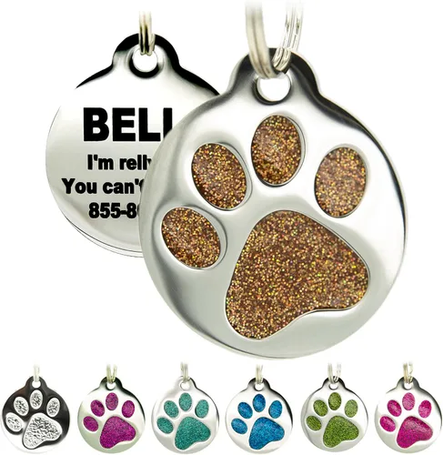 Etiqueta grabada para mascotas para perros y gatos, personalizada con 4 líneas de identificación grabada, huella de pata redonda, acero inoxidable