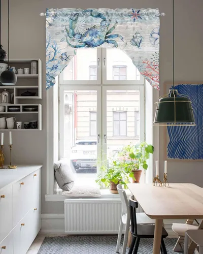 Miniatura 5 de Cortinas de cocina con cenefa de cangrejo oceánico, cenefa con bolsillo para barra, paneles de cortina para dormitorio, sala de estar, baño