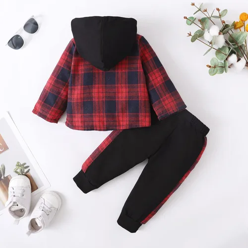 Miniatura 3 de VOLUOVO Conjunto de sudadera con capucha y bolsillo a cuadros para bebés y niños pequeños