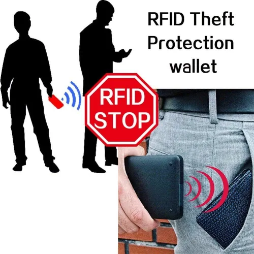 Miniatura 7 de Cartera de cuero genuino para hombre, con bloqueo RFID, plegable, elegante, billetera plegable con cadena de acero inoxidable, billetera abatible