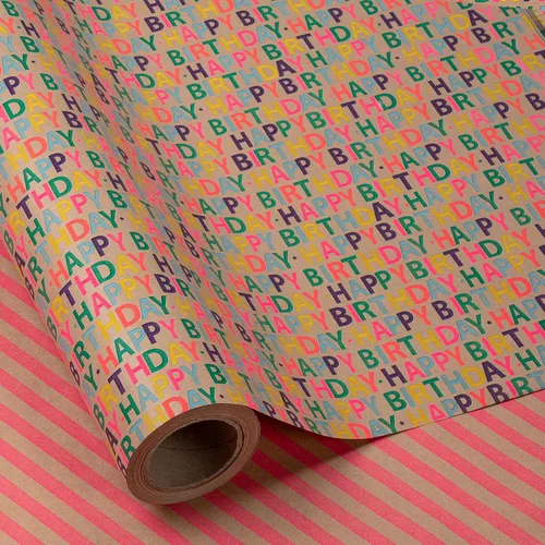 Miniatura 12 de RUSPEPA Rollo de papel de regalo reversible de cumpleaños, mini rollo, diseño de cupcake azul y texto colorido feliz con estrellas, colorido