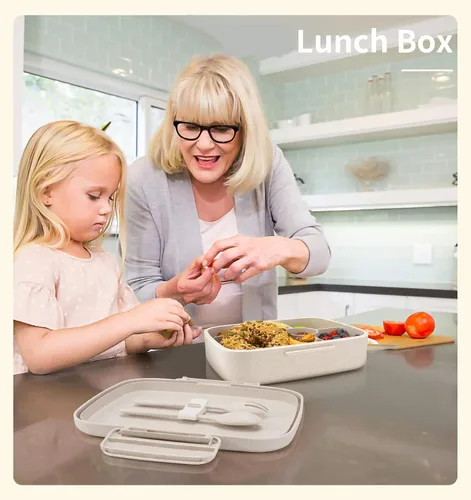 Miniatura 3 de Lonchera Bento, contenedor de almuerzo de 5 compartimentos para niños y adultos con taza de aperitivos, cajas de fibra de trigo ecológicas con doble