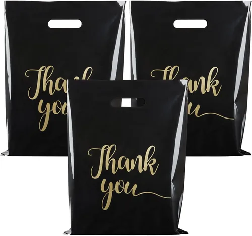 Miniatura 10 de ZORRITA Paquete de 100 bolsas de agradecimiento para pequeñas empresas, bolsas de plástico de 15 x 18 pulgadas con asas, bolsa de mercancía al por