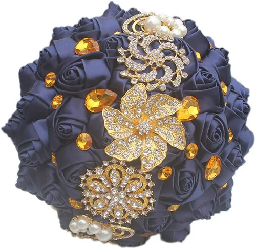 Miniatura 14 de Ramo de novia de 8 pulgadas con rosas de satén de 8 pulgadas con broches de cristal dorado hecho a medida, arreglo de centro de mesa, ramo azul real
