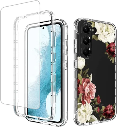 Funda para Galaxy S23 con protector de pantalla de vidrio templado, funda protectora de cuerpo completo con bonito patrón floral transparente para
