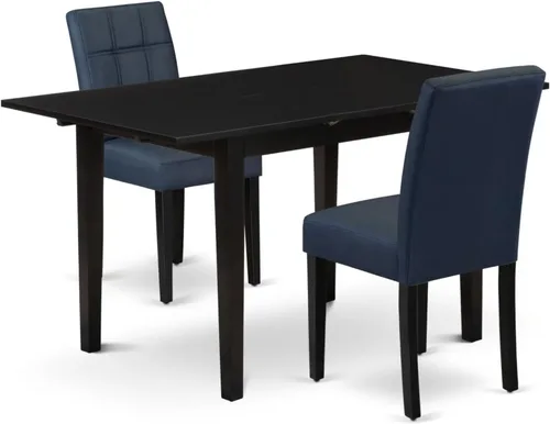 East West Furniture NFAS3-BLK-09 - Juego de mesa de cocina de 3 piezas, incluye una mesa de madera y 2 sillas acolchadas de tela de poliéster azul