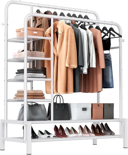 Miniatura 8 de Perchero de ropa de doble barra con 2 estantes inferiores y 4 estantes laterales, perchero de metal para colgar ropa, perchero resistente para Negro