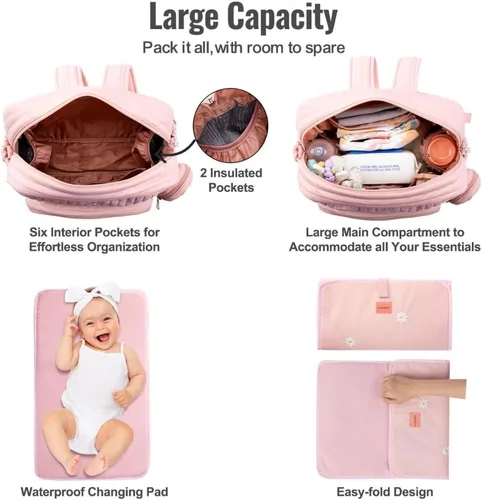 Miniatura 4 de GOBABYMART Mochila para pañales con cambiador - Bolso de viaje para bebé, bolsillos aislados para botellas, correas para cochecito, Grande, Moderno