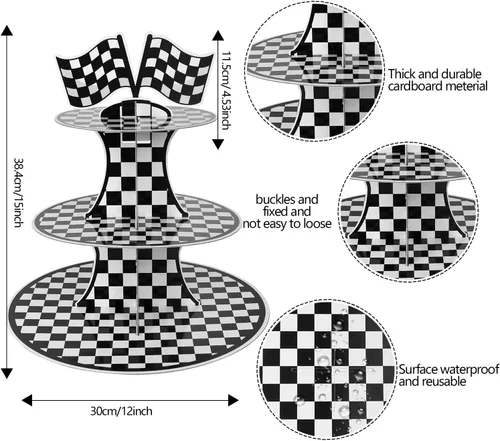 Miniatura 3 de Soporte de cartón para cupcakes con temática de automóvil de carreras, soporte redondo de 3 niveles para cupcakes, soporte de postre para autos