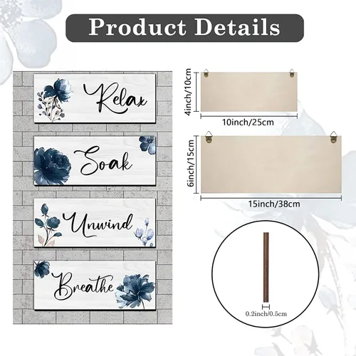 Miniatura 2 de 4 piezas de placa de pared grande para baño, decoración de pared de madera para baño, lavandería, baño, letrero colgante para el hogar, spa, Azul