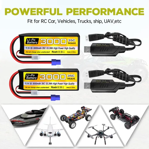 Miniatura 4 de 2 unidades 2S Lipo batería 7.4 V 3000 mAh 35C con enchufe EC3 con 2 cables de carga USB para RC coche, camión, barco, cuadricóptero FPV Drone batería