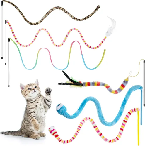 Sumind 6 piezas de juguetes interactivos para gatos con plumas y campana, juguete de atrapasador seguro, colorido y sonoro, varita de Navidad para