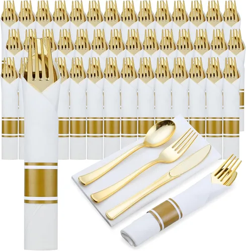 Juego de cubiertos de plástico dorado preenrollado, paquete de 300 cubiertos de plástico envueltos con servilletas, tenedores, cuchillos y cucharas,