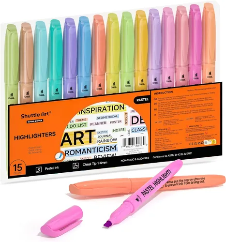 Shuttle Art Resaltadores, 15 colores pastel resaltadores de colores surtidos, punta de cincel de secado rápido, marcadores no tóxicos para adultos