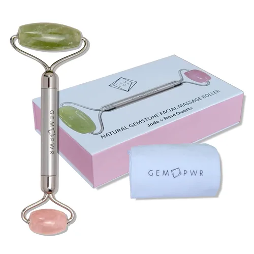 Rodillo de cuarzo rosa + jade para masaje facial y cuello, piedras preciosas dobles con mango de acero duradero y bolsa de viaje. Minimiza las Jade