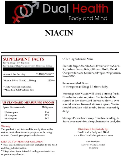 Miniatura 4 de Niacina en polvo (4 onzas) Suplemento a granel de vitamina B3 liberación inmediata niacina con ácido nicotínico sin OMG, vegano, sin gluten, empresa