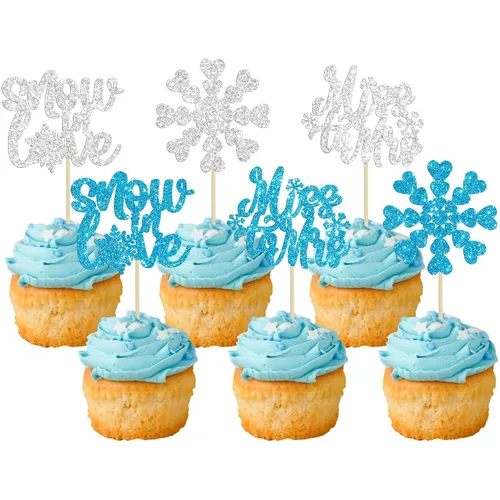 Miniatura 28 de Gyufise Paquete de 24 adornos de copos de nieve Oh Baby para cupcakes con purpurina azul Frozen Oh Baby Pick Decoraciones para baby shower