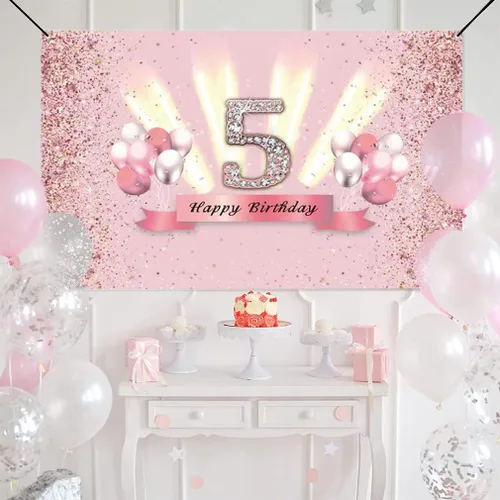 Miniatura 5 de Decoraciones de feliz cumpleaños 5 para niñas, pancarta de fondo para decoración de fiesta, póster de tela de aniversario, fondo de foto rosa