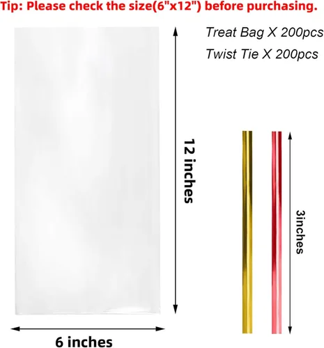 Miniatura 2 de Morepack Bolsas de celofán, 6 x 12 pulgadas, 200 bolsas de celofán con lazos para amarrarlas, de plástico, para poner postres, pastelería, dulces
