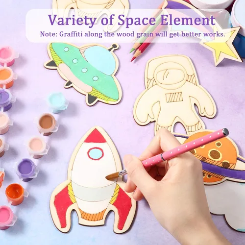 Miniatura 5 de Jetec 27 piezas de manualidades del espacio exterior, recortes de madera sin terminar, temática espacial, recuerdo de fiesta, cohete, planeta