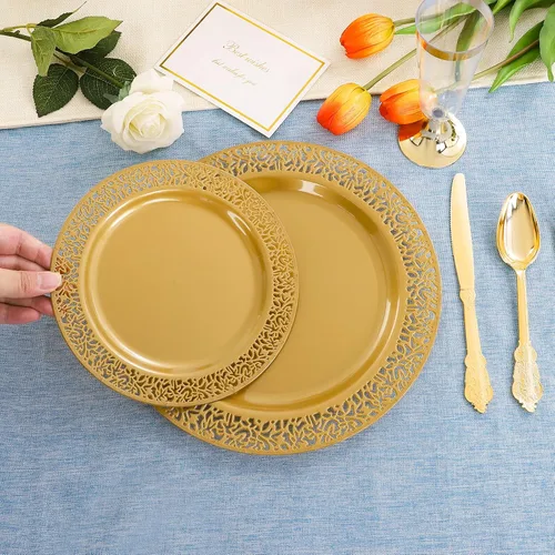 Miniatura 6 de DaYammi 210 platos desechables de oro sólido con cubiertos y tazas, platos de plástico dorado para fiesta incluyen: 30 platos llanos, 30 platos
