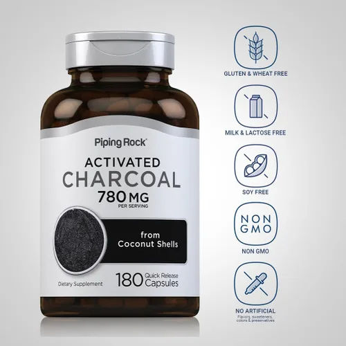 Miniatura 3 de Piping Rock Píldoras de carbón activado 780 mg 180 cápsulas de cáscaras de coco Suplemento sin OMG, sin gluten