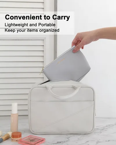 Miniatura 5 de GOX Bolsa de cosméticos, bolsa de viaje de gran capacidad, resistente al agua, bolsa de aseo y accesorios, organizador para mujeres y niñas, Gris