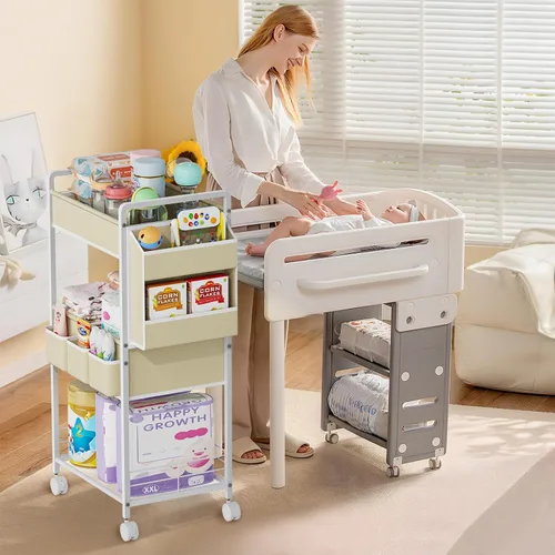 Miniatura 6 de JBBTOOL Organizador de pañales 2 en 1 y carrito de pañales rodante de 3 niveles, organizador de pañales con divisores y bolsillos, carrito móvil
