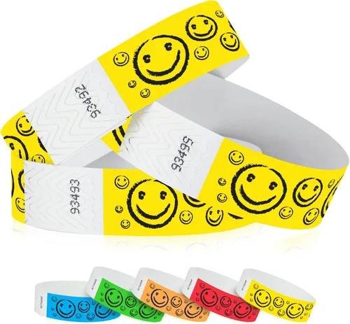 500 pulseras Tyvek de Wristco con cara sonriente amarilla para eventos, ¾ x 10 pulgadas, impermeables, reciclables, cómodas, resistentes a Amarillo