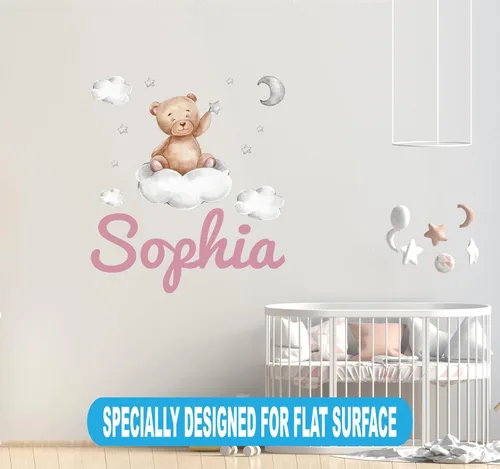 Miniatura 3 de Calcomanía de pared de oso de peluche con nombre personalizado, luna, estrellas, nubes, acuarela, decoración de habitación de bebé para niños