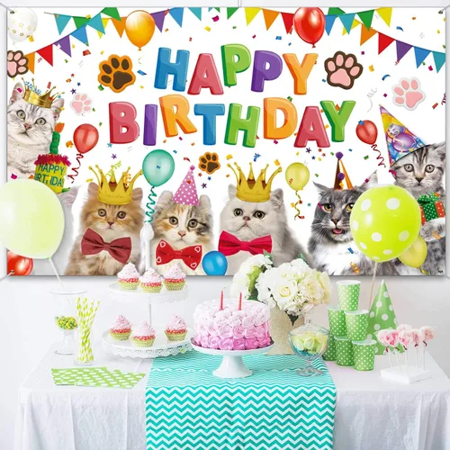 Miniatura 4 de Tatuo Telón de fondo de feliz cumpleaños de 5.9 x 3.6 pies, decoración de cumpleaños de gato, temática de gatito, fondo de fotos, fondo