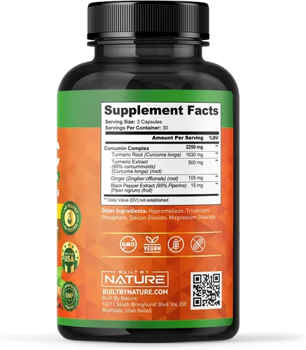 Miniatura 6 de Built by Nature Curcumina de cúrcuma de 2250 mg – 95% curcuminoides con jengibre y pimienta negra para alta absorción – Soporte articular extra